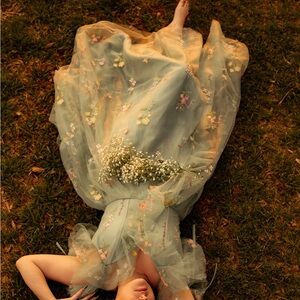 Coquette fairy tulle green summer floral dress with corset details